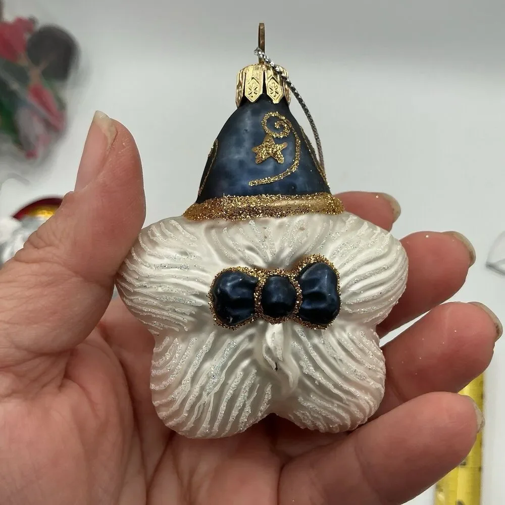 Vintage Glass Santa Head Christmas Ornament Blue Hat Glitter Mercury Glass